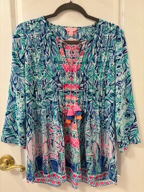 Lilly Pulitzer Marilina Tunic Top Blouse Pink Blue Resort Preppy size S